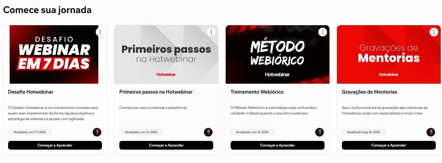 Comece sua jornada: Desafio Hotwebinar, Primeiros passos na Hotwebinar, Treinamento Webiórico e Gravações de Mentorias